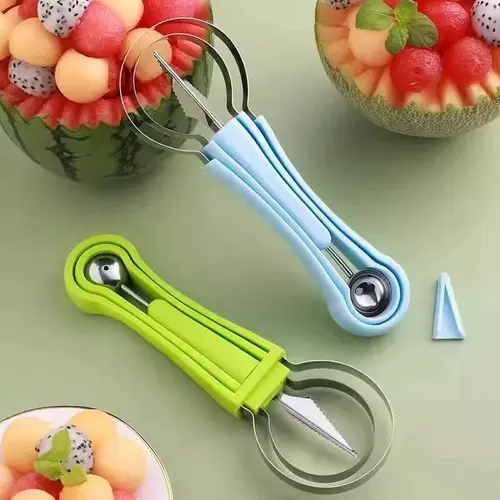 3-in-1 Stainless Steel Vegetable Fruit Cutter Set - Multifunctional Kitchen Utensil with Auto-Spinning Slicer, Melon Baller Scoop, Watermelon Cutter, Seed Remover for Fruit Salad, Party Prep,home essentials