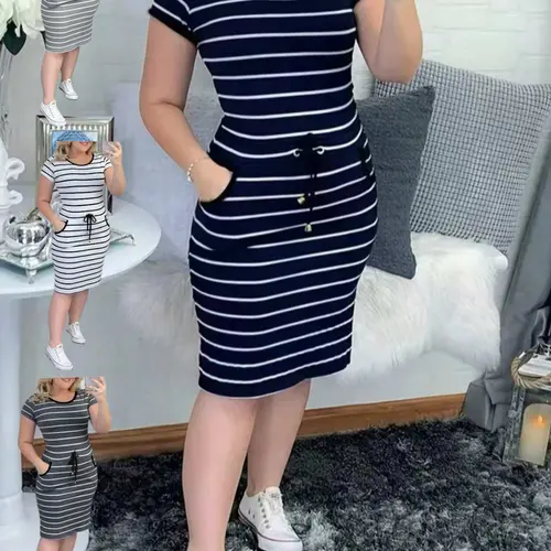 2026 New Casual Striped Double Pocket Lapel Button Plaid Drawstring Bodycon Dress, Stylish and Comfortable Design, Perfect for Daily Wear