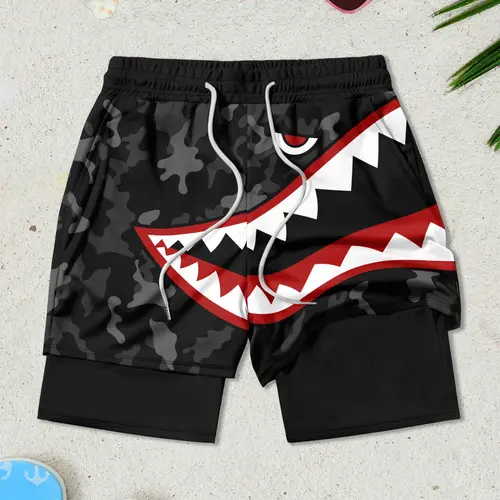Summer Quick-Dry Breathable Men's Casual Loose Short Double-Layer Beach Shorts, Anti-See-Through Lining, Shark Mouth Print, Multi-Scene Shorts