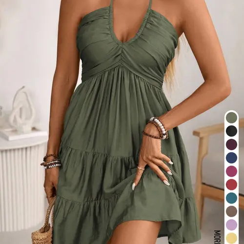 Women's Summer French Retro Vacation Sleeveless Short Dress, Mediterranean Lazy Style Backless Tie Dress with Layered Cake Hem and Halter Neck, Home, Outdoor and City Wear, Trendy Chic Casual Elegant Youthful Look
