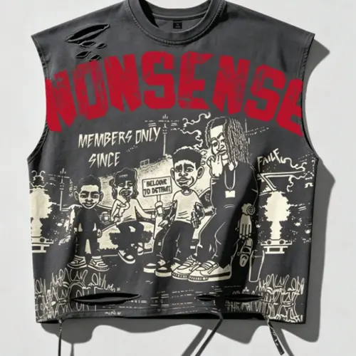 Unisex Cut-Out Sleeveless T-Shirt, Aesthetic Graphic Hip-Hop Print Casual Street Wear Top, Trendy Fashion Vest