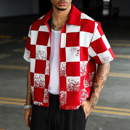 Men’s American vintage red-and-white plaid short-sleeve shirt with distressed ink print and zip closure; streetwear brand drop-shoulder jacket. Casual Wear Clothes Casual Pattern