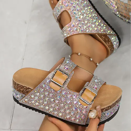 Women's Summer Fashion Casual Trendy Sandals, Thick Sole Sandals Bohemian Trending Sandals Boho Ethnic Style Strappy Metal Buckle Height Increasing Holiday Beach Shoes Dopamine Colors Y2K Hot Girl Muhave Full Rhinestone Thick Sole Slides New 2026