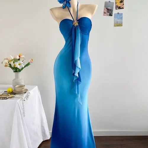 Women's Halter Neck Strap Mermaid Maxi Dress, Coquette Romantic Chic Chiffon Lightweight Formal Gown, Elegant for Wedding Guest & Vacation, Formal Dresses Women