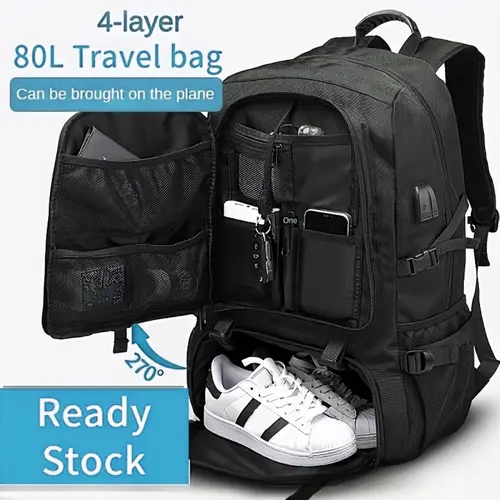 Expandable Travel Backpack with Shoe Compartment and Laptop Sleeve, Large Capacity Men's Sports Outdoor Bag, Waterproof Nylon