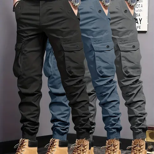 Set of 3 men’s cargo pants — lightweight summer joggers with multiple pockets, an elastic waistband, and side pockets; casual solid colors, regular fit; suitable for casual wear, jogging, outdoor activities, and fashionable casual outfits.