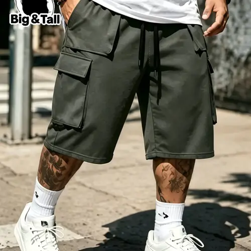 Plus Size Men's Elastic Drawstring Cargo Shorts, Comfortable Durable Large Pockets Outdoor Sports Shorts, Casual Outdoor Shorts