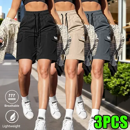 3-pack women’s cargo shorts for summer with elastic waistband, side pockets, drawstring; durable, multi-pocket, breathable; suitable for outdoor sports and everyday wear; slightly stretchy fabric.