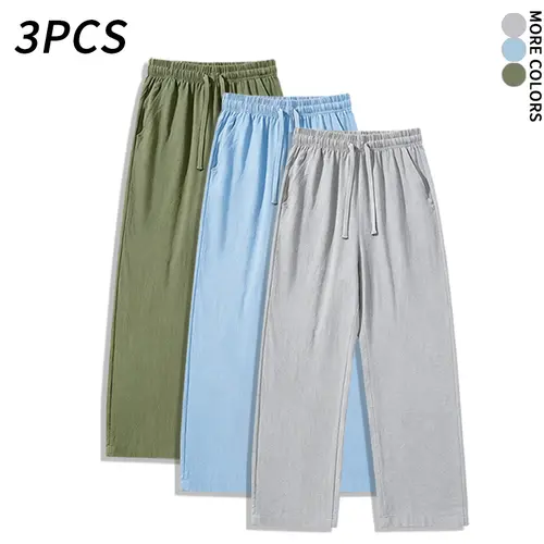 SPEEALER Men's 3PCS Breathable Cotton Loose-Fit Mid-Waist Wide Leg Pants - Menswear Casual Elastic Waist Drawstring Trousers, Multiple Colors, Summer Wear Set, Preppy Basic