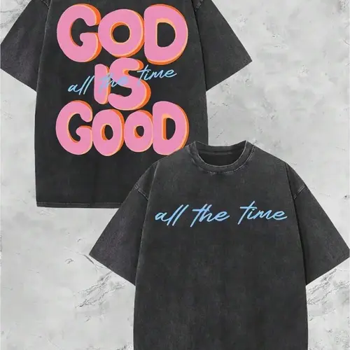 Vintage Christian T-Shirt, God Is Good All The Time Washed Black Cotton Oversized Short Sleeve Tee, Retro Faith Based Graphic Casual Crewneck Shirt for Believers