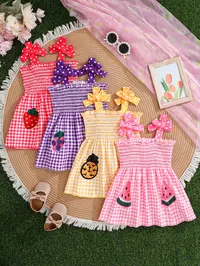4-Piece Girls' Summer Set, Plaid and Fruit Print, Bow Shoulder Straps, Cute and Sweet Dress, Versatile Clothing for Kids