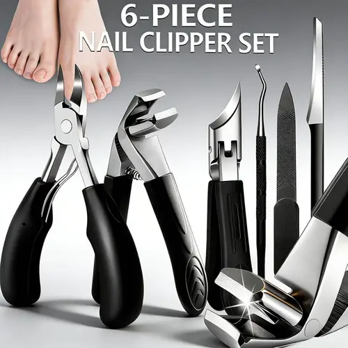 6PCS Podiatrist Grade Stainless Steel Toenail Clipper Set - Heavy Duty, Wide Jaw Opening, Sharp Curved Blade for Thick & Ingrown Nails, Daily Manicure Adults Nails Care Kit