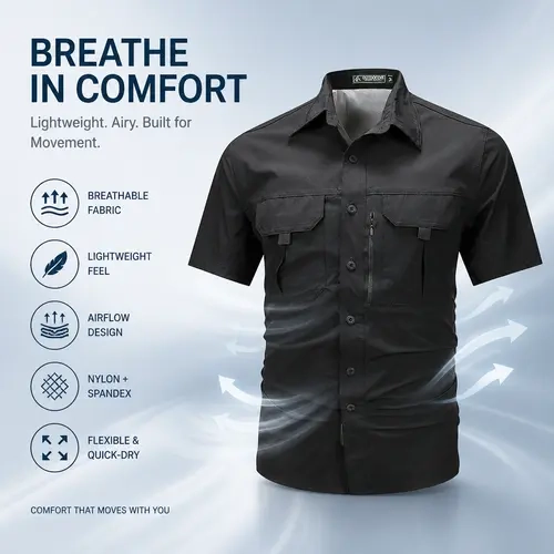 Men's Classic Collared Short-Sleeve Button-Up Plain Casual Shirt - Loose Fit, High-Quality Nylon-Cotton Fabric, Hidden Vents, Breathable, Classic Cut, Modern Vibe, Black Nylon Men's Casual Shirts for Beach-to-Office Summer Outdoor Use