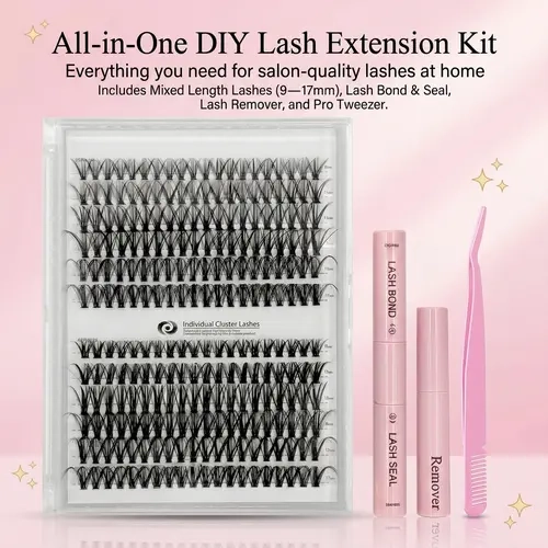Women's Soft Cluster Lashes Kit - 9-16mm Mixed Lengths Cosmetic DIY Volume Lash Extensions, 1 Set Mega Eyelash Clusters with Tweezers, Glue, Remover, Individual False Eyelash At-Home Self-Grafting Accessory