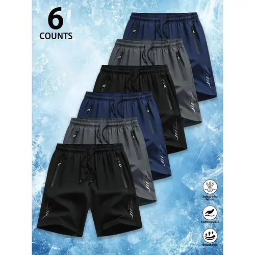 essential shorts，shorts for the summer，men shorts，shorts for summer，6 Counts Men's Premium Ice Silk Quick Dry Athletic Shorts, Luxury Performance Cooling Drawstring Elastic Waist Casual Shorts with Secure Zipper Pockets & Reflective Detail, Hiking,