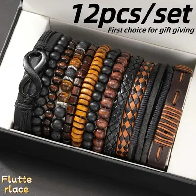 12PCS Vintage Men Beaded Bracelet Set, Boho Ethnic Leather & Tiger Eye Moonstone Stackable Bracelets, Braided Cord Fashion Jewelry for Casual Wear, Party, Street Style & Daily Accessories for Men summerwins