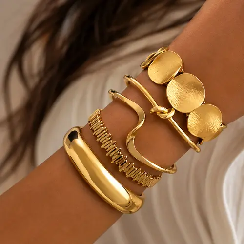 17KM 5 Pcs 14K Gold Plated Layered Knot Bangle Cuffs, Personalized Boho Chunky Bracelets Jewelry Gift Set for Women,summerwins, Goldplated Bracelet, Everyday Wear Bracelet