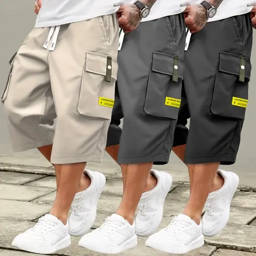 Men's Plain Polyester Fitted Cargo Capris - 3/4 Length Multipocket Trousers, Elastic Mid Waist Normal Type Adjustable Drawstring, for Casual Sportswear, Menswear