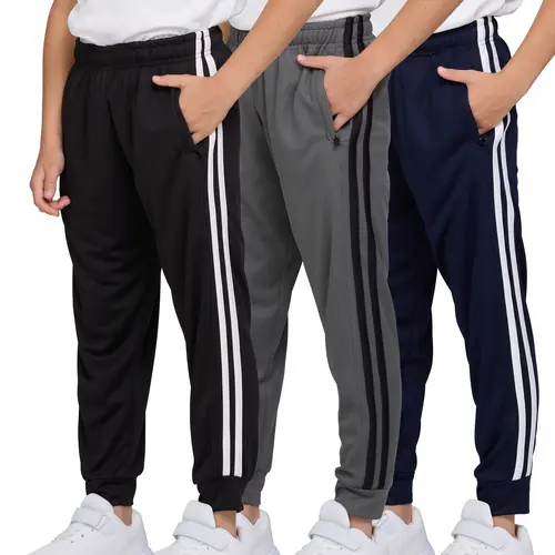 PURE CHAMP Boys' 3-Pack High Fitted Striped Quick-Dry Mesh Joggers - Lightweight, 4-Way Stretch Athleisure Bottoms with Zipper Pockets, Adjustable Drawstring Elastic Waistband, Cuffed Ankles, Durable Fabric for Back to School Haul, Baseball, Sporty Chic