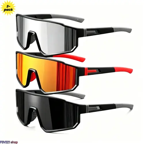 Men's Framed 3-Pack Wraparound Shield Sunglasses, Polarized Anti-Glare UV Protection Lenses, Lightweight Assorted Frames, Stays Put on Runs for Cycling,Driving/Camping Essentials,OOTD Full Eye Coverage, Driving / Ootd
