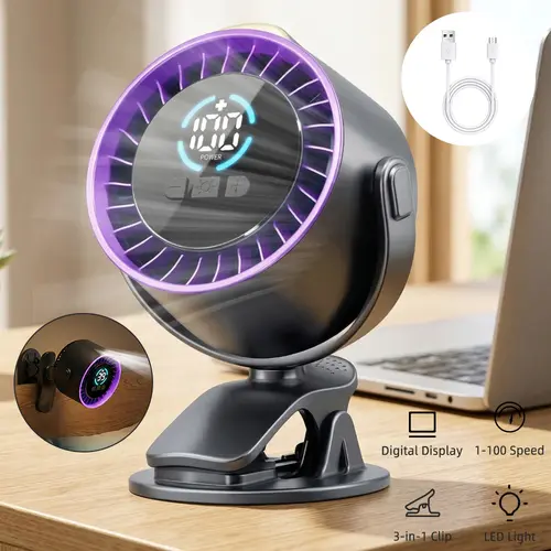 【Back to School】ABS Polycarbonate Mini Portable Adjustable Cooling Fan - 100-Speed Digital Display, Battery-Powered Rechargeable Clip Fan, Sleep Aid for Office Use