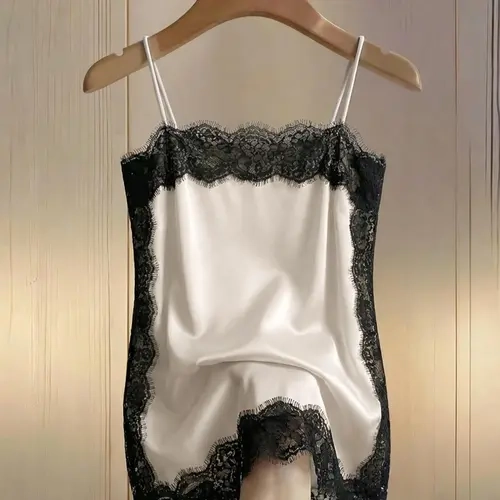 Women's Lace Satin Halter Long Top, Thin Straps Spaghetti Strap Sleeveless Low Neck Backless Lady Dress, Perfect for Parties and Balls, Formal Elegant Evening Wear, Elegance Womenswear