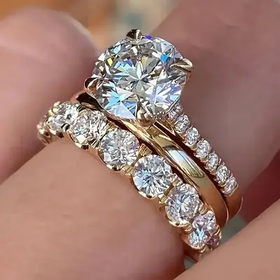 3PCS Luxury Round Cut Zirconia Ring Set for Women, Gold Inlay Shiny Bridal Wedding Jewelry, Trending TikTok Elegant Engagement & Party Rings, Romantic Gift for Valentine’s Day, Anniversary & Daily Wear summerwins