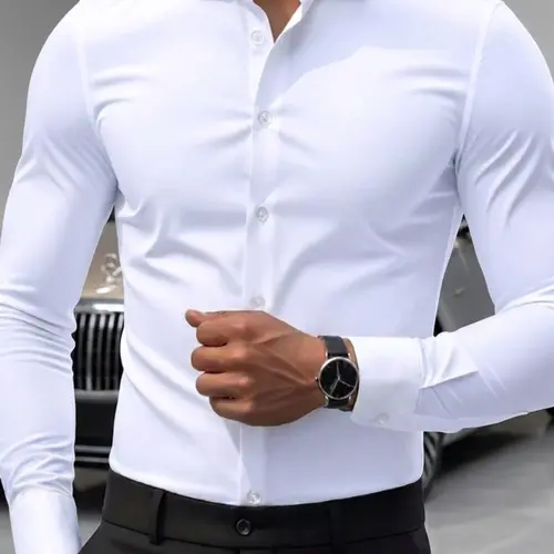Men's Plain Formal Long Sleeve Shirt, Fitted Top Without Zipper, Casual All-Season Clothing, Full Placket Design, Ideal for Everyday Wear, Business Casual Wear