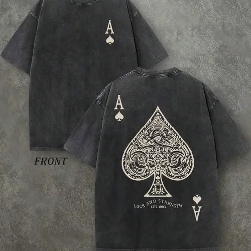 Vintage Ace of Spades T-Shirt, Washed Black Cotton Oversized Short Sleeve Tee, Retro Poker Card Graphic Casual Crewneck Shirt for Men Women