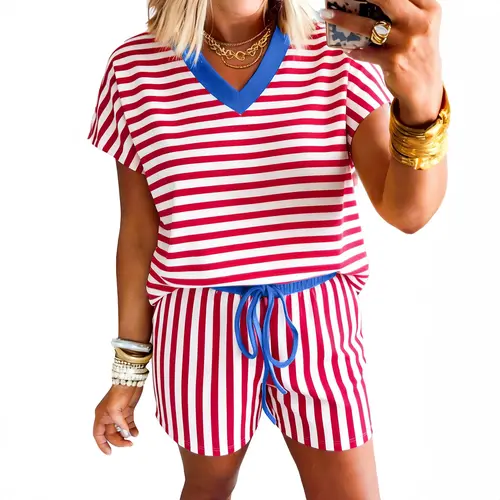 Mntaor Women's Matching Set Red Stripe V-Neck Tee & Drawstring Shorts Patriotic Americana for Festivals Picnics Street Style Clothes Womenswear