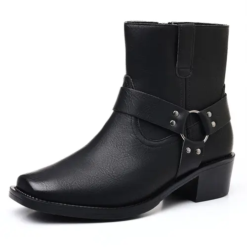 Men's Classic Moto Ankle Boots - Closed Shoes with Pointed Toe, Harness Buckle Strap, Side Zip, Rivets, Cowboy Aesthetic, Urban Cowboy Vibe, Waterproof for Business Casual, Chic Minimalist Wear, Kitten