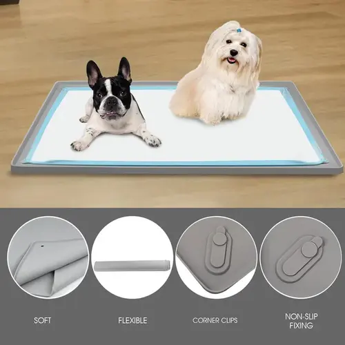 PLOSIF Dog Pee Pad Holder Tray - Fits Up to 24” x 24” Pee Pad Holder for Dogs - Stable Grip, Raised Edges, Quick-Wipe Silicone Surface Dog Pad Holder for Indoor Flooring Protection (Dark Grey)