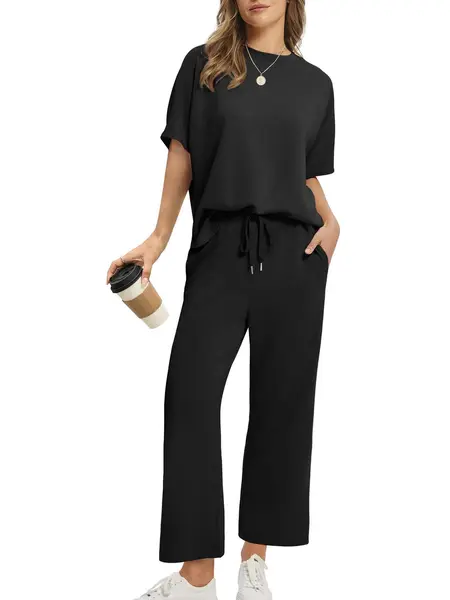 Two Piece Sets for Women Summer Outfits Oversized Wide Leg Crop Pants Lounge Sets Airport Beach Vacation Clothes