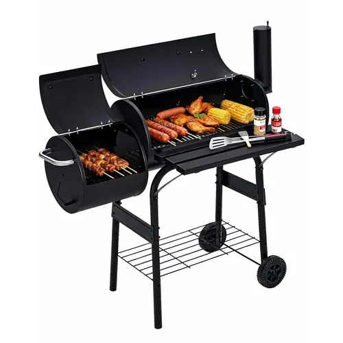 Dual-Chamber Charcoal Grill & Offset Smoker Combo, 43.3" Portable BBQ Barbecue Grill with Wheels, Thermometer & Storage Shelves. 358 Sq.In Cooking Area for 4-8 People. Perfect Outdoor Cooking Equipment for Backyard, Camping & Patio.