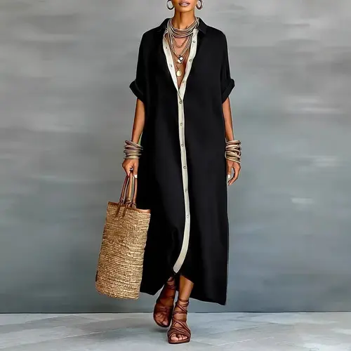 Ocean Style Boho Oversized Shirt Dress| Perfect for Beach, Vacay & Brunch!Contrast Trim Button-Down Casual Loose Summer Dress#     ShirtDress#     OversizedDress#     ButtonDownDress#     ContrastTrim#     SummerDress#     BohoFashion#