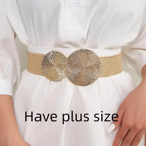 Plus Size Boho Style Plain Pattern Elastic Waistband, Fashionable Summer Dress Accessory, Trendy PP Grass Weave Design Stylish Belts for Women