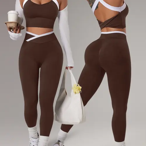 Women's 2-Piece Colorblock Sportswear Set, Stretchy Seamless Yoga Gym Outfit, Outdoor Indoor Fitness Clothing, Running Hiking Walking Pilates All Seasons