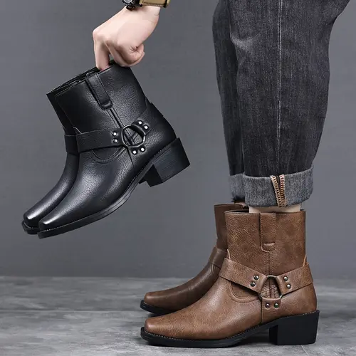 Men’s Retro Style PU Leather Biker Ankle Boots, Side Zipper + Lace, Buckle Strap Adds Instant Detail, Chunky Heel - Edgy Street Style Walking Shoes for Casual Everyday Wear