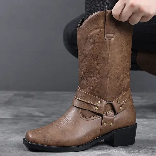 Men’s Vintage Western Cowboy Mid-Calf Walking Shoes - Buckle Design, Side Zipper for Easy Wear-Removal, Chunky Heel Stability, Rubber Sole, Stylish Street-Style Versatile Casual Men’s Footwear