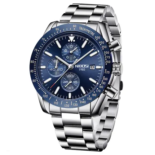 NIBOSI Men's Alloy Chronograph Wristwatch - 45mm Big Face, Self-Luminescent Dial, 3ATM (30M - 50M) Water-Safe, Stainless Steel Quartz Analog Watch with Date Window, Casual Wear Precision Timepiece, Perfect Gift for Him