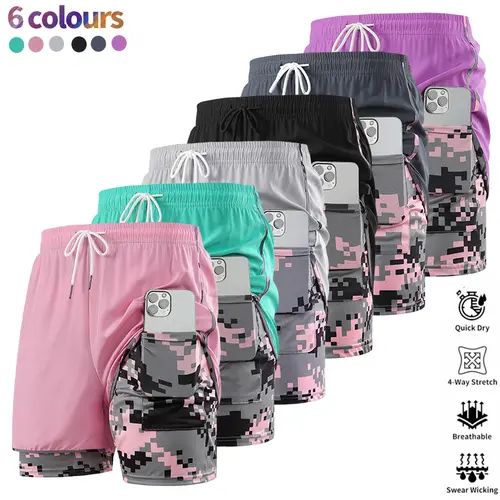 5-Pack Women’s Yoga Fitness Shorts – Quick Dry, High Stretch, Anti-Chafe, Phone Pocket, Two-Layer Look, Pilates Training & Home Workouts, Knee-Length