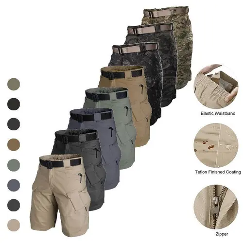Multicolored Men's Water Resistant Tactical Shorts, Elastic Waist Multi-Pocket Cargo Shorts for Hiking, Fishing & Daily Wear