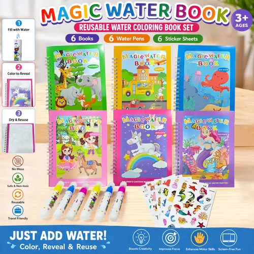 6 Pack Water Coloring Book for Toddlers, Reusable Mess Free Water Painting Book, Water-Reveal Activity Pad Educational Drawing Toy with 6 Pens, Educational Learning Kits Gifts for 3-6 (Mermaid, Princess, Unicorn, Sea World, Animals & Traffic)