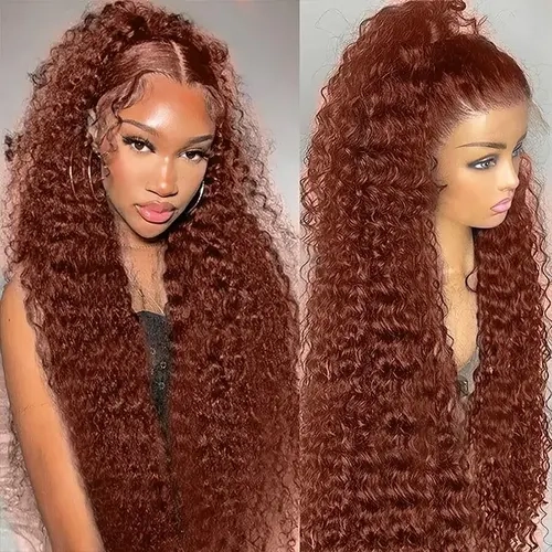 Bling Hair Reddish Brown Deep Wave Lace Front Wigs Human Hair 30 Inch Reddish Brown Curly Lace Front Wig 180 Density 33# Deep Wave 13x6 HD Lace Frontal Wigs Human Hair Pre Plucked for Women Colored Human Hair wig