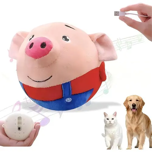 Interactive Dog Toys, Active Moving Pet Plush Toy, Rechargeable Jumping Squeaky Dog Ball Toys with Recording and Music Modes& Talking, Washable Cartoon Pig Plush Toy for Dogs Puppies