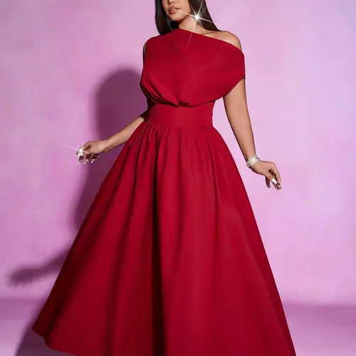 Plus Size Asymmetrical Shoulder Dress, Waist-Cinch A-Line Long Dress, European Style Formal Party Gown, Wedding, Evening Event, Stage Performance, Womenswear Fashion