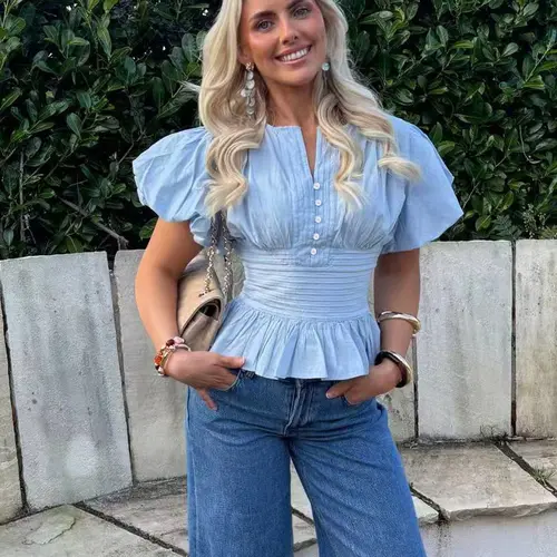 Women's Light Blue Puff Sleeve Peplum Blouse, Front Button Detail, Pleated Chest, Elastic Waist, Ruffled Hem, Soft Breathable Fabric, Coquette Aesthetic, Casual Elegant Ruffle, Slim Fit for Casual Daily Wear and Office, Casual Shirts, Button Closure Top