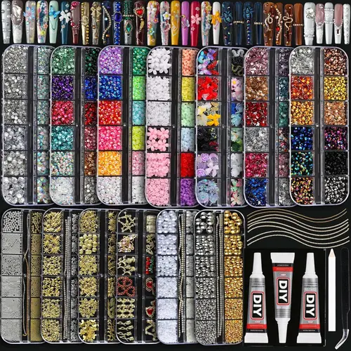 3D Colorful Rhinestone Pearl Set, DIY Craft Accessories, Alloy Cross Heart Resin Flowers, Glue Tweezers, Nail Art Rhinestones, Rhinestone Nail Charms, Multi-Color, Pickup Tool, Birthday Gift for Women