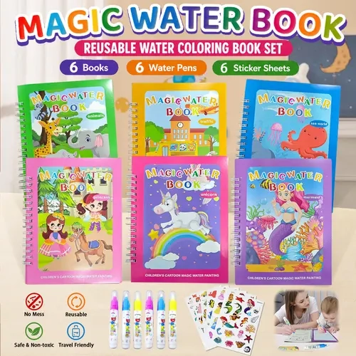 Kids' Reusable Mess-Free 6-Pack Water Coloring Activity Books - Travel-Ready Art Kits with Water Pens (Make Painting Simple), Homeschooling Supplies, Gifts for 3-6 Toddlers (Mermaid & Animal, Princess, Sea World, Traffic)