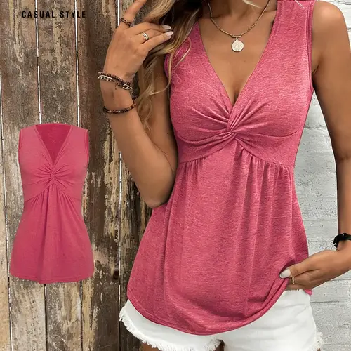 Summer Women's Knot Sleeveless Casual Camisole Shirt Top, Casual Everyday Top, Fitted, Lightweight Breathable Fabric, Soft High Elasticity, Comfortable and Stylish Summer Wear